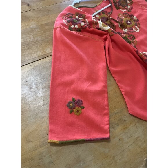 Coral Mexican Handmade Embroidered Blouse Sz M Long Sleeve Open Neck With Ties - Picture 9 of 9